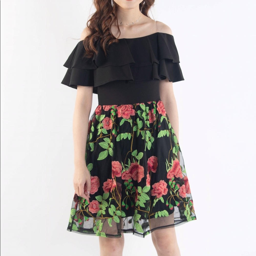 Off Shoulder Floral Embroidery Black Mini Dress